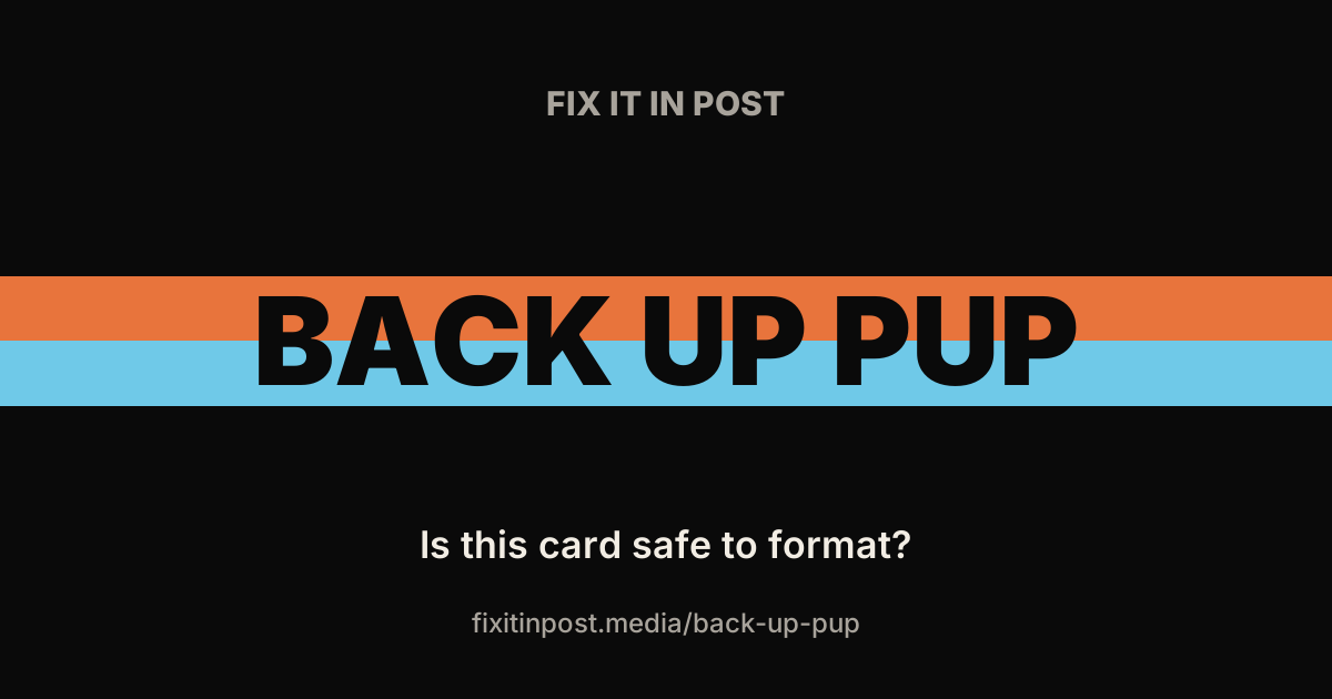 Poster-style graphic: 'BACK UP POP' in large black letters across orange and blue stripes on a black background, with 'FIX IT IN POST' above and 'Is this card safe to format?' plus fixitinpost.media/back-up-pup below.