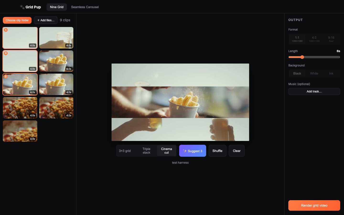 Grid Pup's Cinema cut layout: three landscape clips stacked as full-width cinematic bands in a 16:9 frame