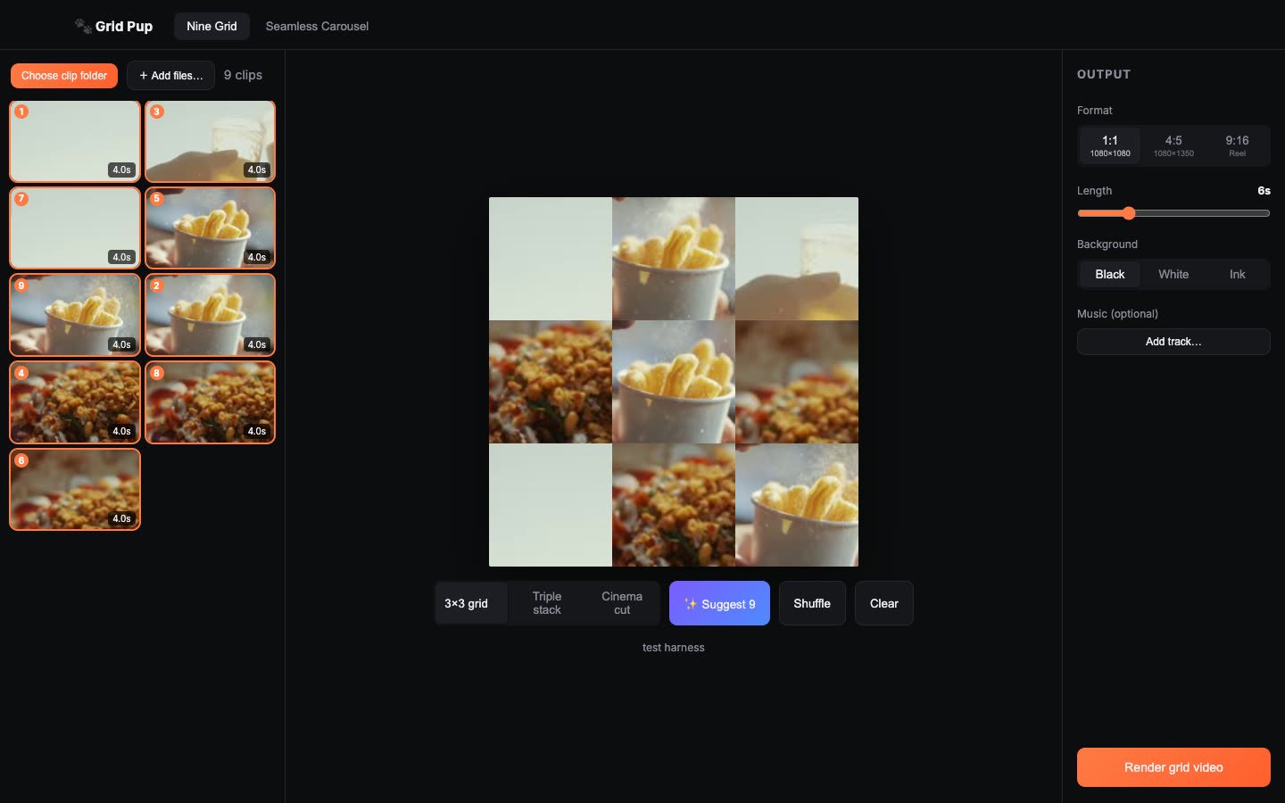 Grid Pup on macOS: a folder of food clips loaded in the library and a 3x3 grid assembled on the canvas, ready to render